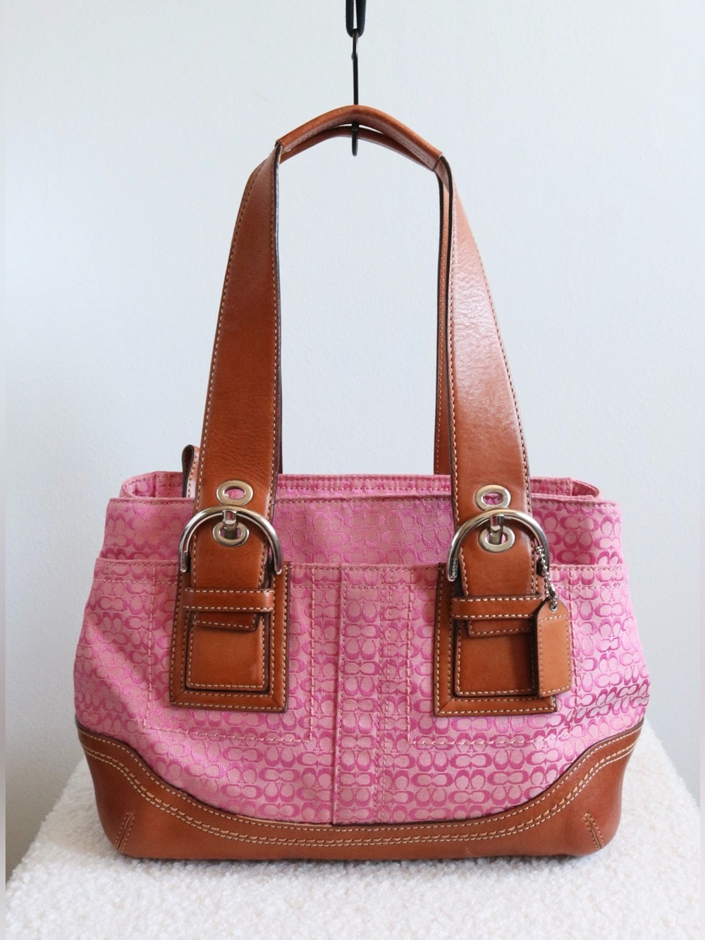 Vintage Coach Medium Soho Tote Pink Signature Jacquard Tan Leather